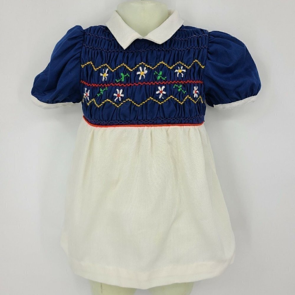 Vintage Hand Smocked By Pioneer Baby Dress Girls 3T Floral Blue White